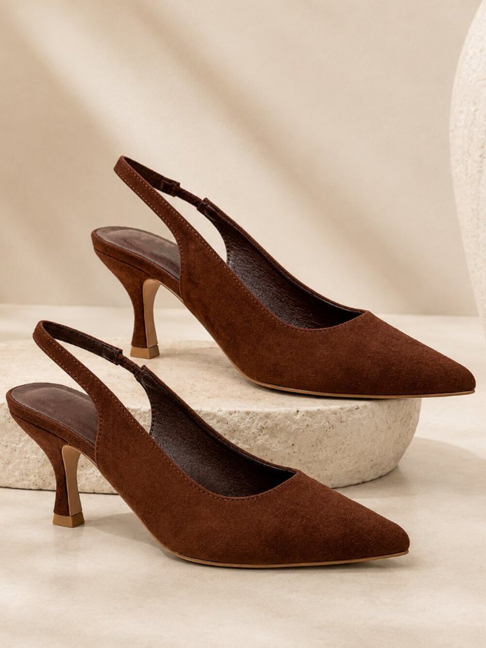 Women’s Suede Pointed Toe Elastic Slingback Pumps Kitten Heel Dress Shoes